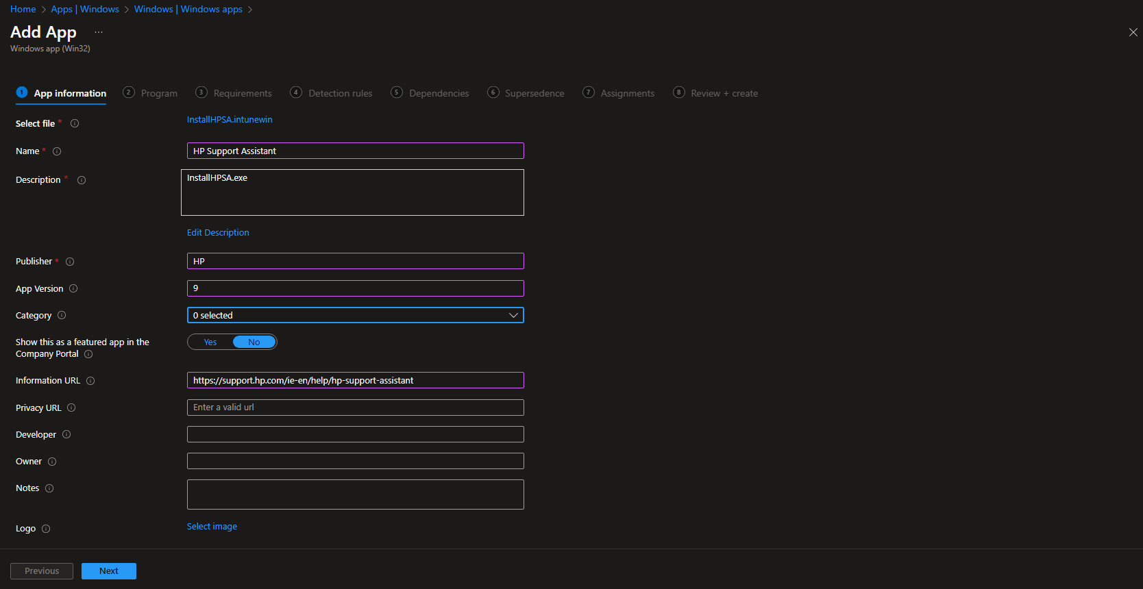 App information settings for HP Support Assistant